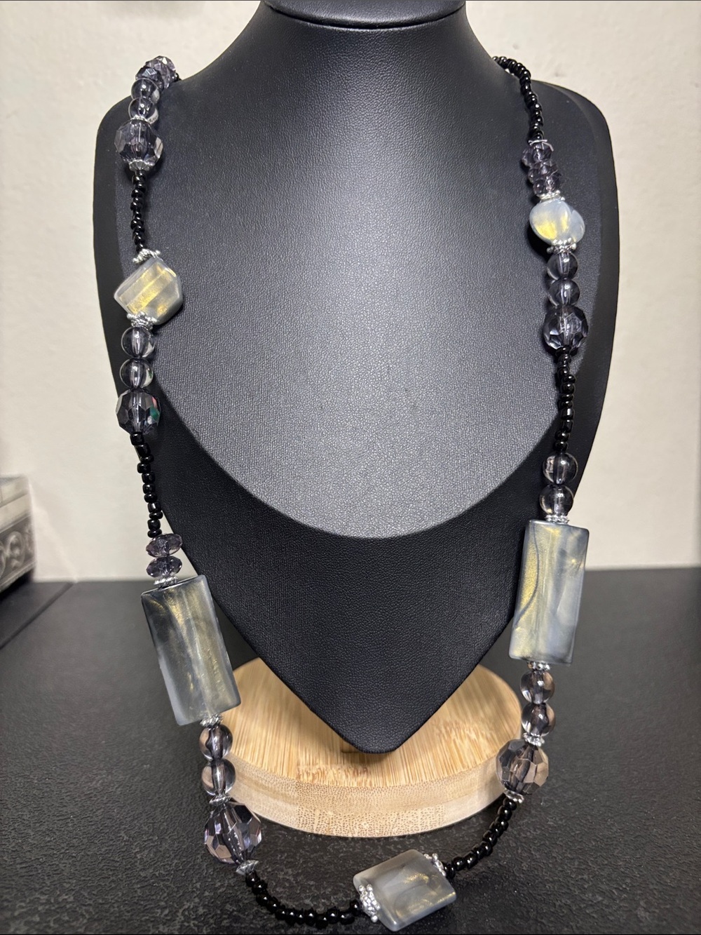 Handcrafted Glass Gray and Black Beaded Long Necklace
